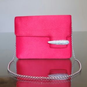 Swarovski Crystal Red Satin Evening Bag Purse Clutch Wallet Silver Hardware